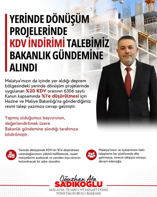 Başkan Sadıkoğlu KDV indirimi talebimiz Bakanlık gündemine alındı.